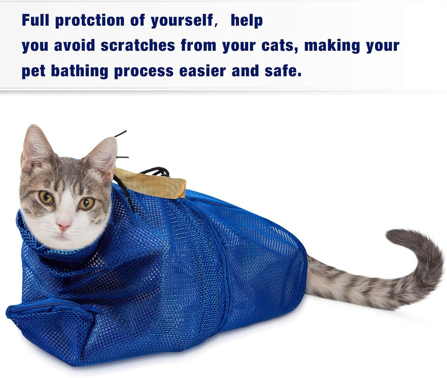 2 Pieces Cat Grooming Washer Mesh Bag Cat Muzzles Breathable Mesh Muzzles Adjustable Kitten Scratch Resistant Kitty Restraint Clothes Kitty Bath Bag for Bathing Nail Trimming Feeding(Blue)