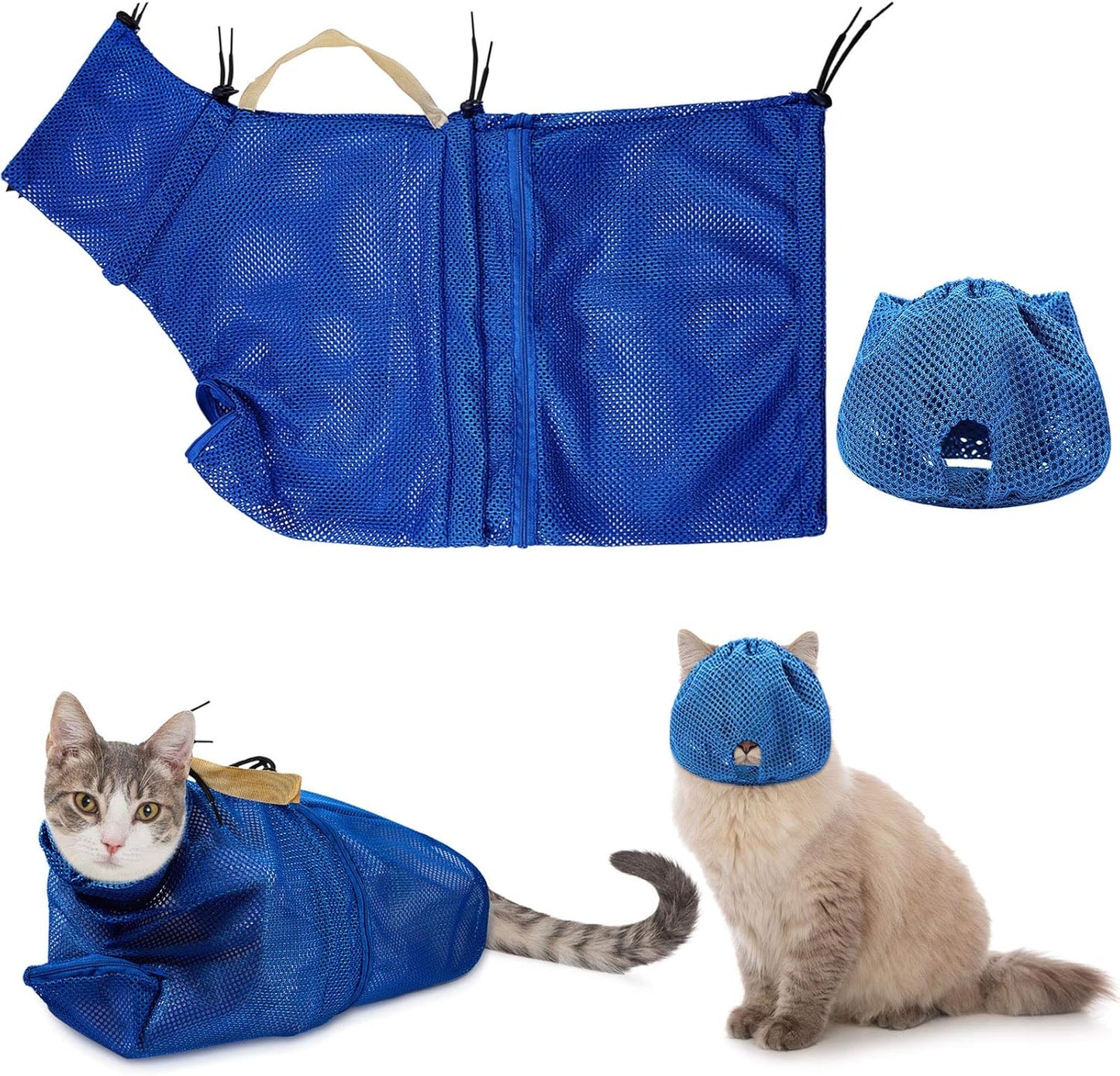 2 Pieces Cat Grooming Washer Mesh Bag Cat Muzzles Breathable Mesh Muzzles Adjustable Kitten Scratch Resistant Kitty Restraint Clothes Kitty Bath Bag for Bathing Nail Trimming Feeding(Blue)