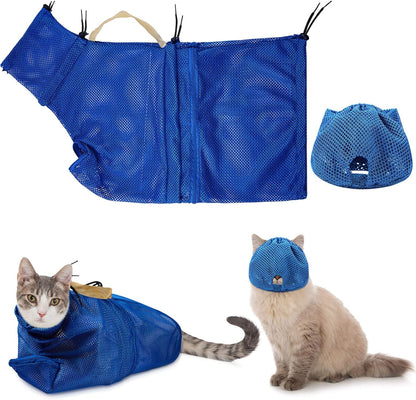 2 Pieces Cat Grooming Washer Mesh Bag Cat Muzzles Breathable Mesh Muzzles Adjustable Kitten Scratch Resistant Kitty Restraint Clothes Kitty Bath Bag for Bathing Nail Trimming Feeding(Blue)