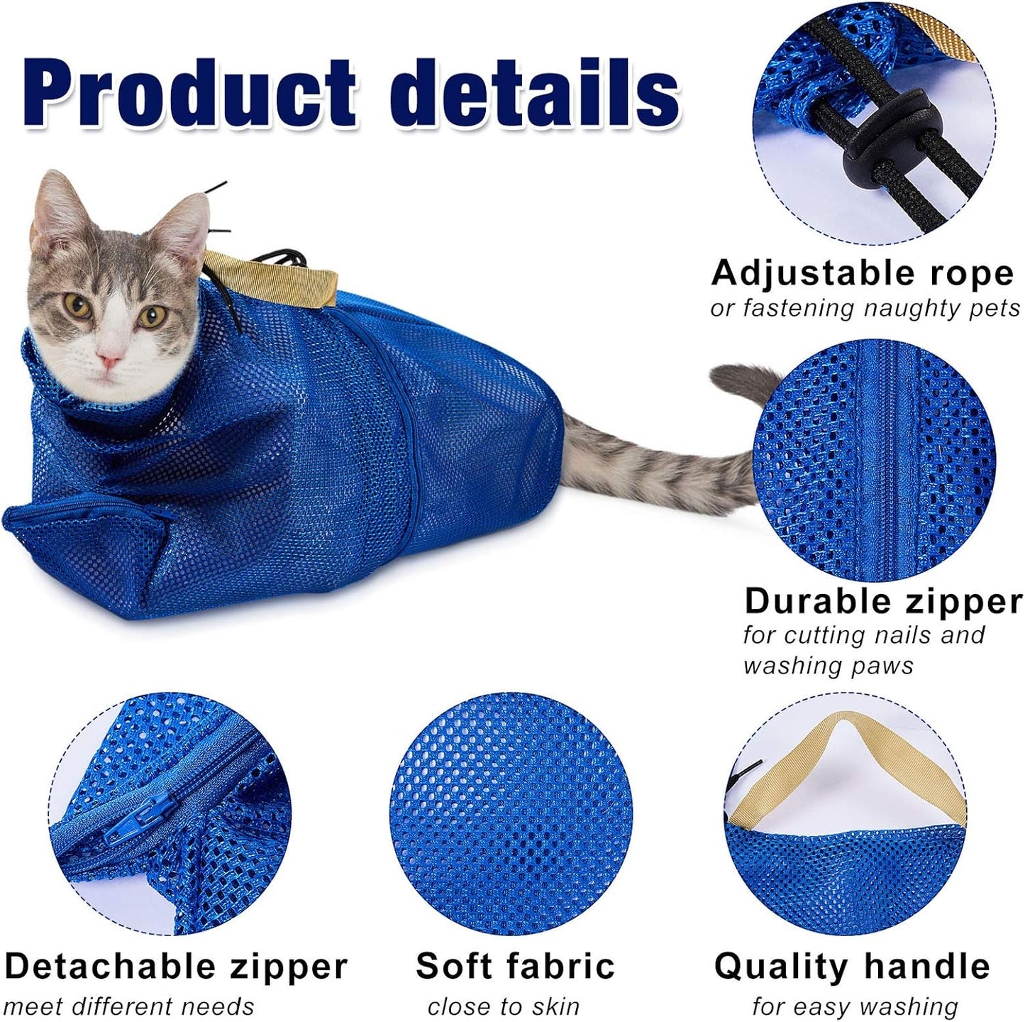 2 Pieces Cat Grooming Washer Mesh Bag Cat Muzzles Breathable Mesh Muzzles Adjustable Kitten Scratch Resistant Kitty Restraint Clothes Kitty Bath Bag for Bathing Nail Trimming Feeding(Blue)