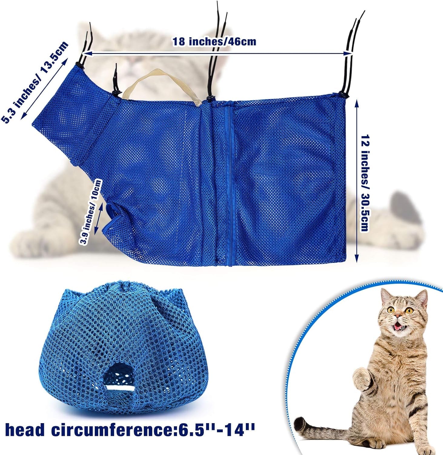 2 Pieces Cat Grooming Washer Mesh Bag Cat Muzzles Breathable Mesh Muzzles Adjustable Kitten Scratch Resistant Kitty Restraint Clothes Kitty Bath Bag for Bathing Nail Trimming Feeding(Blue)