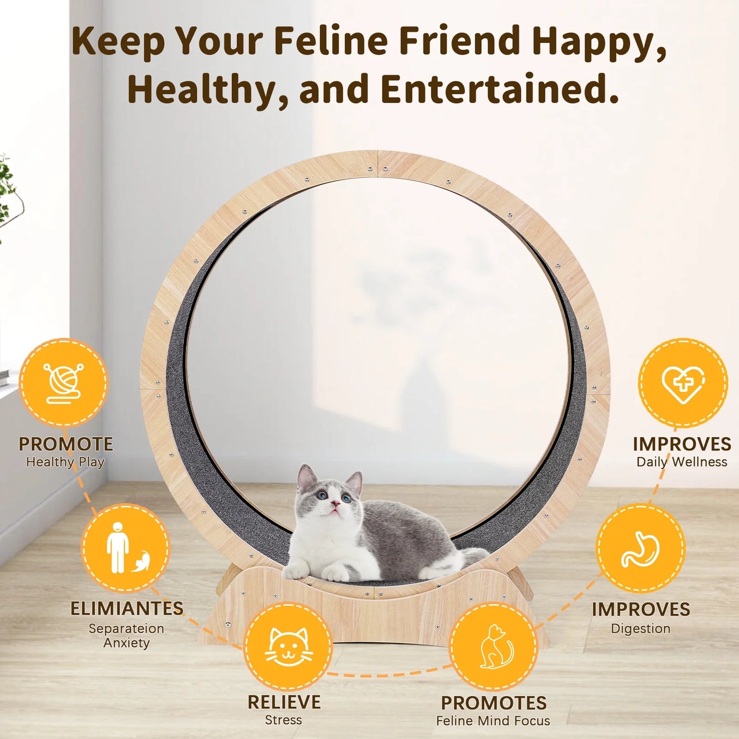 Cat Exercise Wheel for Indoor Cat, 45" Large XL Cat Running Wheel with Carpeted Runway, Cat Treadmill Wheel for Kitty’S Longer Life, Cat Wheel for Fitness Weight, Natural Wood Color,Teaser Cat Toys
