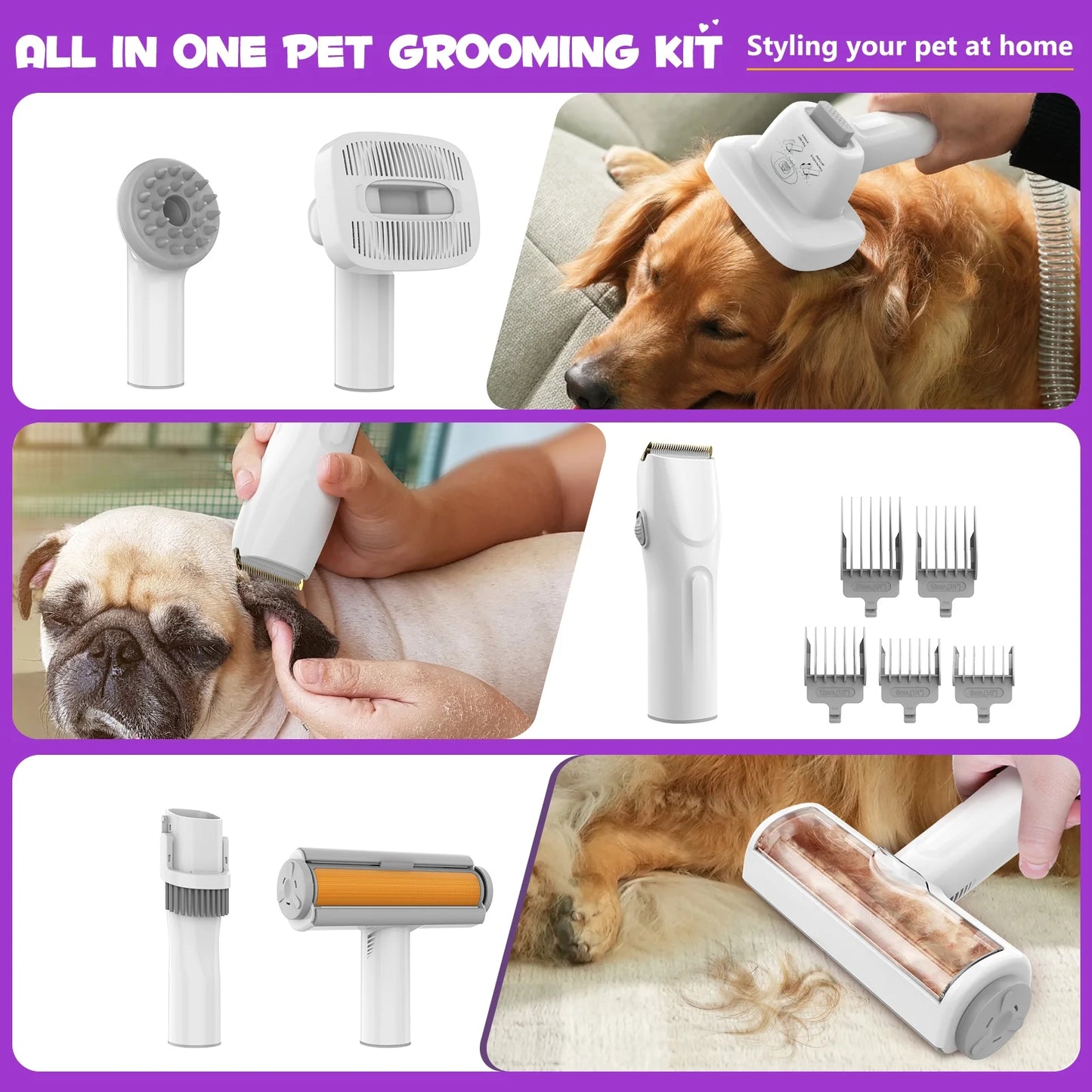 Upgraded Dog Grooming Kit, 3L Low Noise Pet Groommer Kit Vacuum Cleaner, Electric Clippers Cleaning Sets, 5 Guide Combs (3Mm-24Mm), Home Pet Hair Vacuum for Shedding Grooming,For Dogs Cats Ot