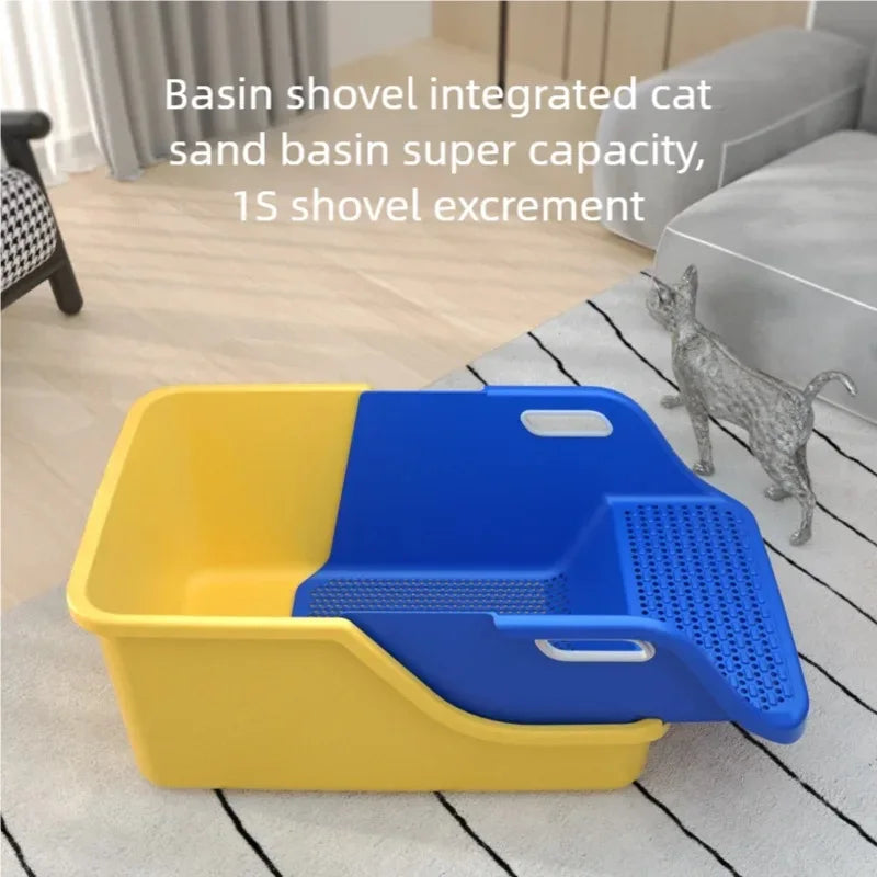 Upgrade Your Cat's Experience with the New Anti-Splash Semi Enclosed Oversized Litter Box – Automatic Sand Leakage & Non-Stick Bottom!