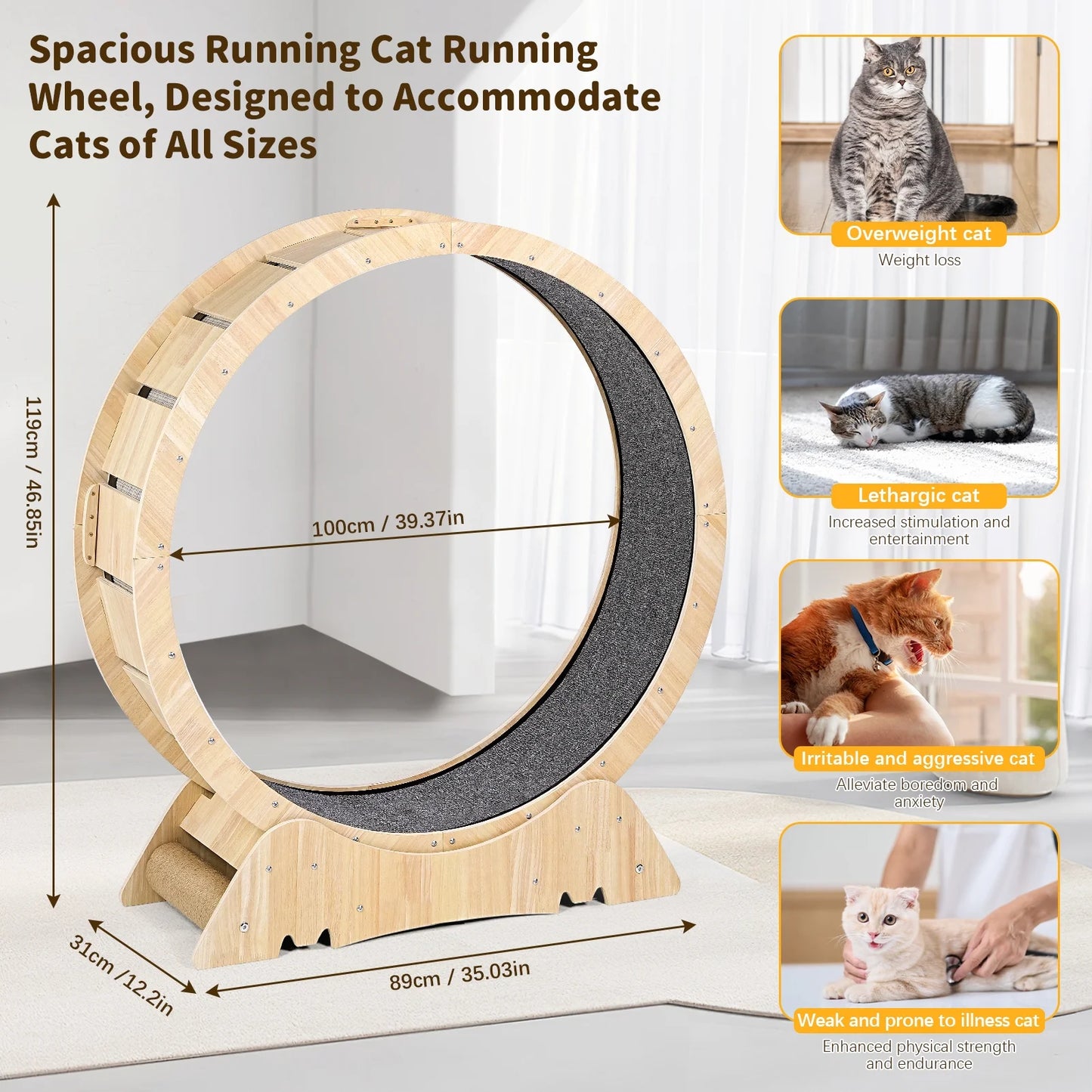 Cat Exercise Wheel for Indoor Cat, 45" Large XL Cat Running Wheel with Carpeted Runway, Cat Treadmill Wheel for Kitty’S Longer Life, Cat Wheel for Fitness Weight, Natural Wood Color,Teaser Cat Toys