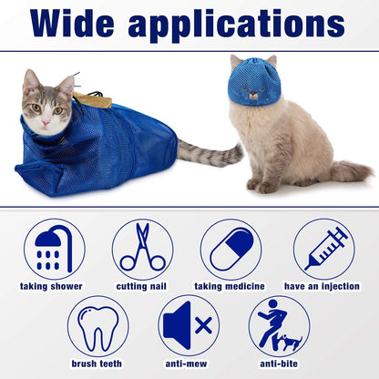 2 Pieces Cat Grooming Washer Mesh Bag Cat Muzzles Breathable Mesh Muzzles Adjustable Kitten Scratch Resistant Kitty Restraint Clothes Kitty Bath Bag for Bathing Nail Trimming Feeding(Blue)