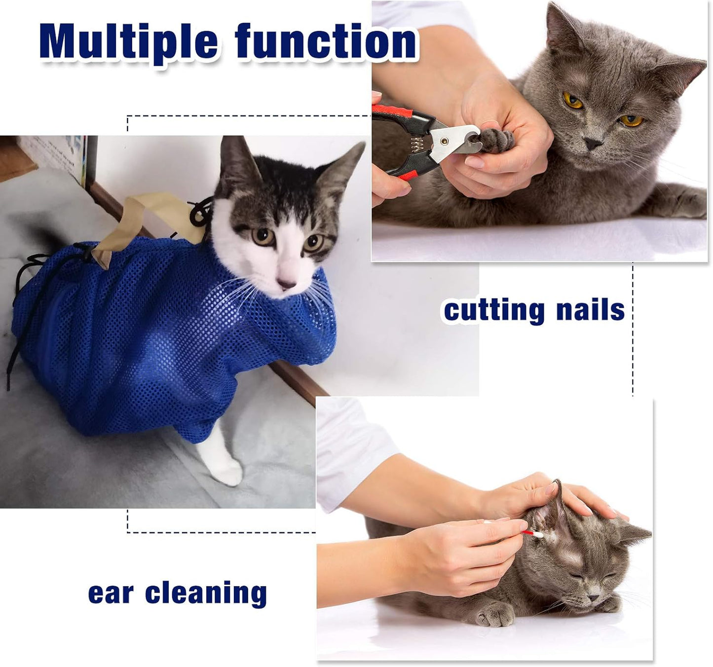 2 Pieces Cat Grooming Washer Mesh Bag Cat Muzzles Breathable Mesh Muzzles Adjustable Kitten Scratch Resistant Kitty Restraint Clothes Kitty Bath Bag for Bathing Nail Trimming Feeding(Blue)